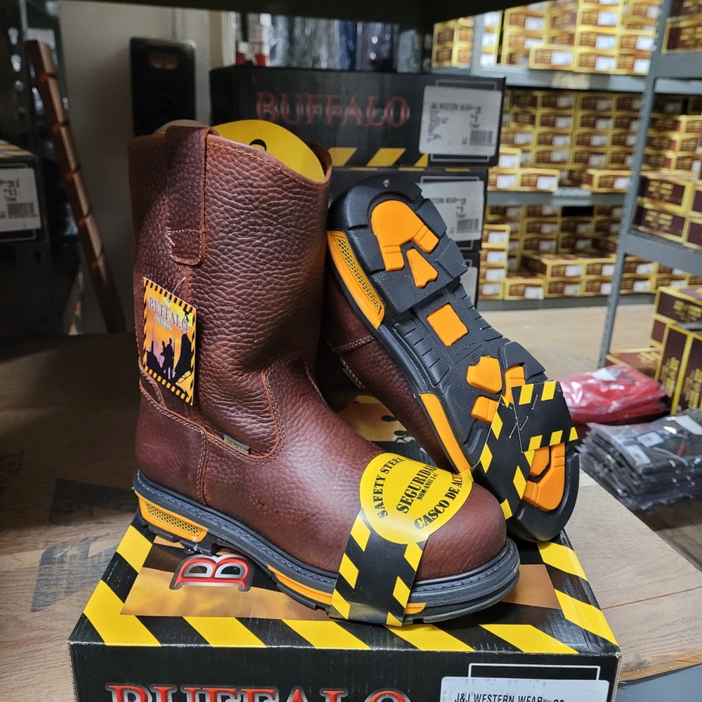 Buffalo David Bitton Steel Toe Brown Leather Boots with Orange Accents